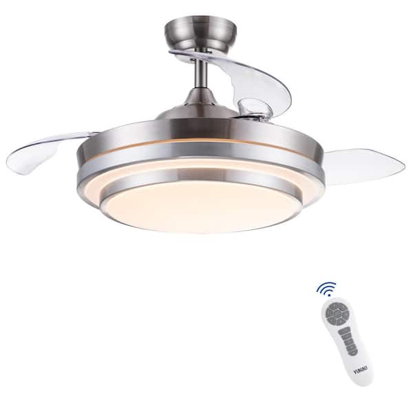 YUHAO Modern 42 in. Indoor Brush Nickel Retractable Blades Ceiling Fan with Integrated LED Light Kit and Remote Control