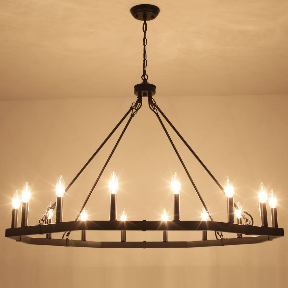 Black Metal 43-Inch Wagon Wheel Candle Chandelier