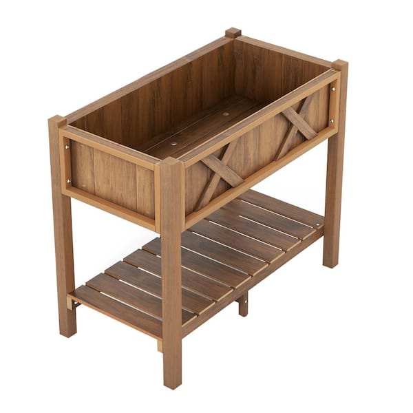 34 in. x 18 in. x 29 in. HIPS Raised Garden Bed with Storage Shelf and Drainage Holes in Coffee