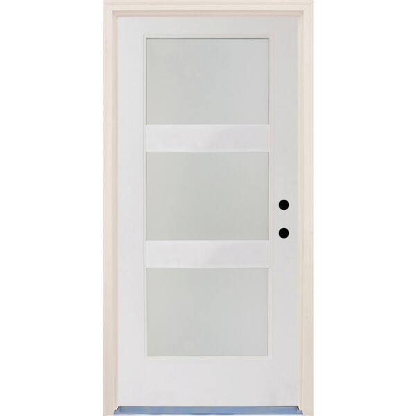 Builders Choice 36 in.x80 in. Elite Lefthand 3 Lite Satin Etch Glass Contemporary Unfinished Fiberglass Prehung Front Door w/ Brickmould