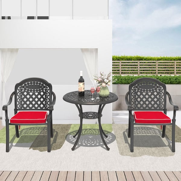 Isabella Black 3-Piece Cast Aluminum Outdoor Dining Set with Round Table and Dining Chairs and Red Seat Cushion
