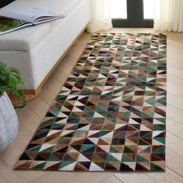 Studio Leather 2 ft. x 7 ft. Green/Light Brown Geometric Triangles Runner Rug