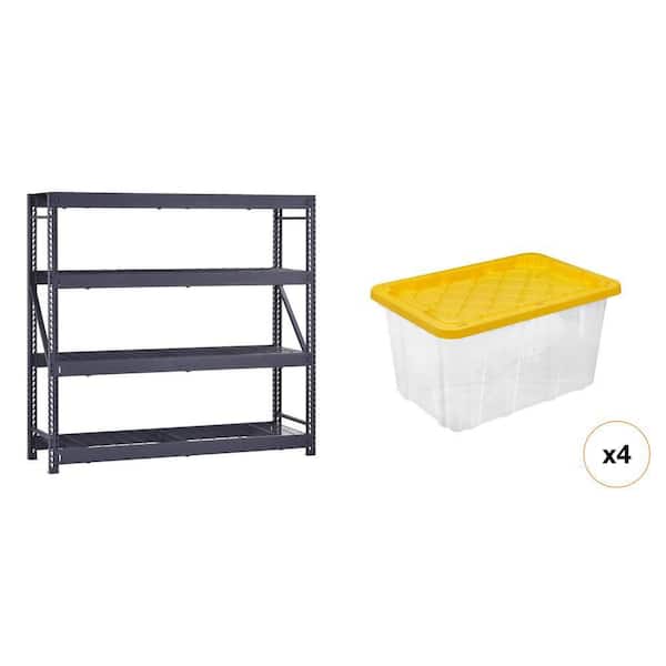 4-Shelf Metal Industrial Garage Shelving Unit 77 in.x72 in.x24 in. and 27 Gal. Tough Storage Tote Combo 2-Piece