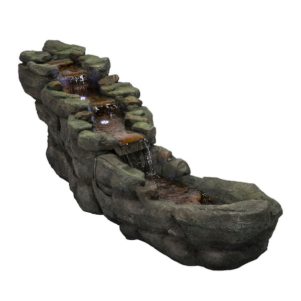 20 in. Tall Outdoor Rocky River Rapids Water Fountain with LED Lights, Brown