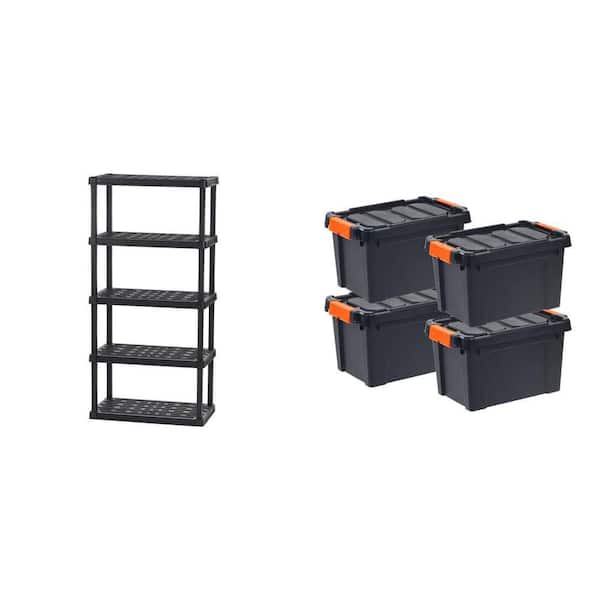5-Tier Garage Shelving Unit (18 in. x 74 in. x 36 in.) and 5 gal. Storage Tote (Set of 4)