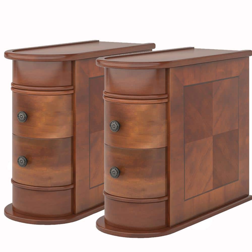 Vintage Brown Solid Wood 2-Drawer Narrow End Table Set