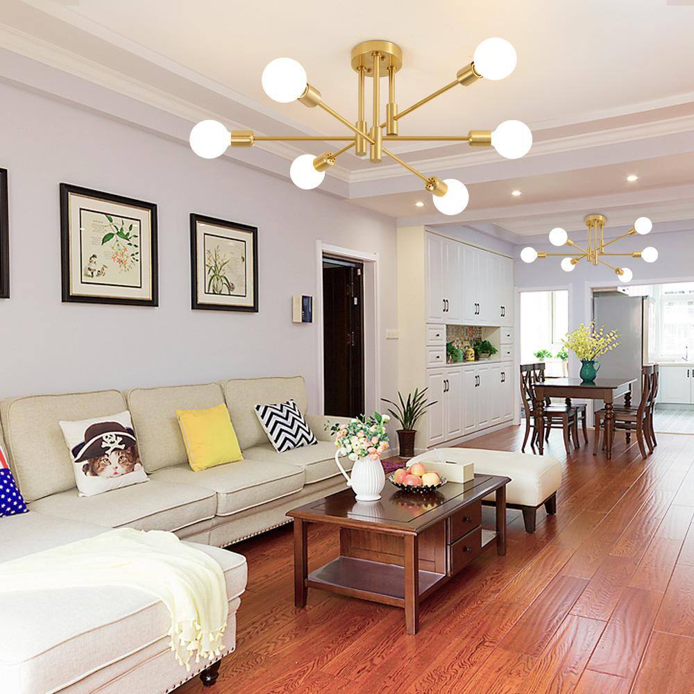 Gold 6-Light Sputnik Semi-Flush Mount Ceiling Fixture