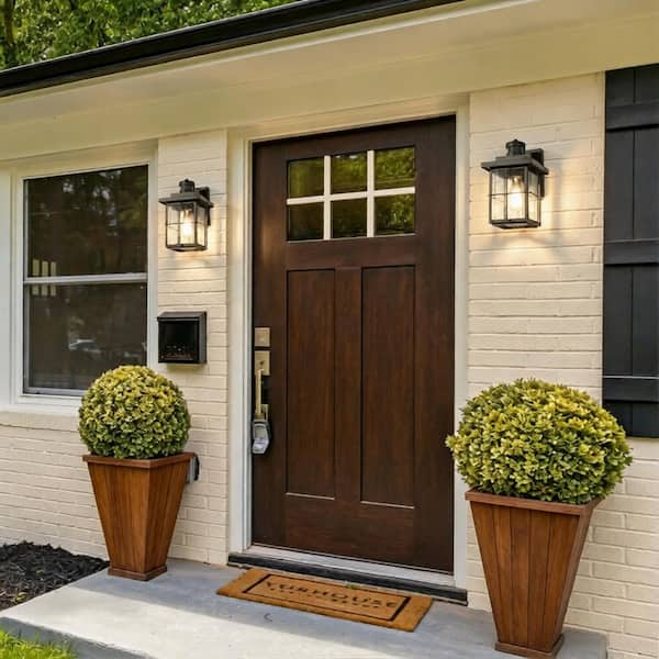Mill Modern 1-Light Black Motion Sensor Dusk to Dawn Outdoor Wall Lantern Sconce Seeded Glass Exterior Lighting (2-Pack)