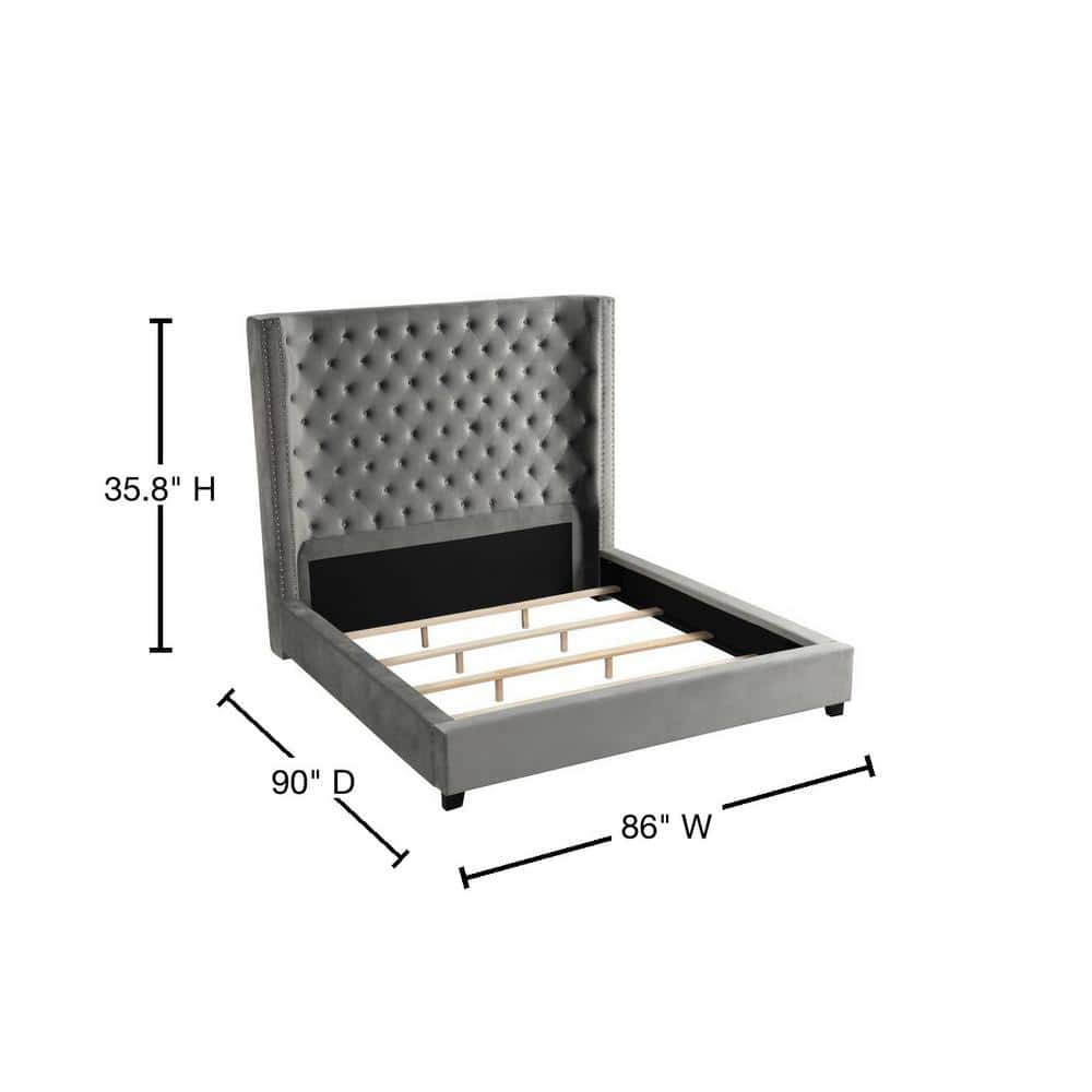 Regal Velvet King Platform Bed with Nailhead Trim in Gray