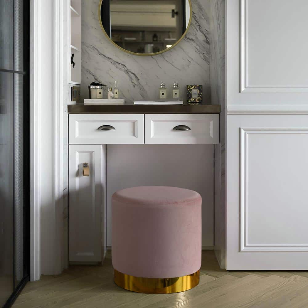 Pink Round Velvet Ottoman Stool with Gold Base, 16"