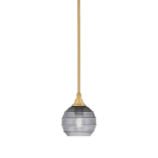 Unbranded Sparta 100-Watt 1-Light New Age Brass Shaded Pendant Light Mini Pendant with Smoke Ribbed Glass and No Bulb Included