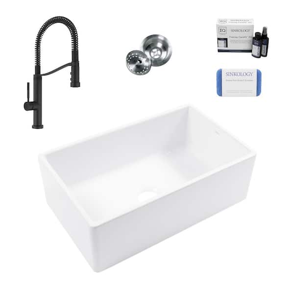 Bradstreet II 30 in. Farmhouse Apron Undermount Single Bowl White Fireclay Kitchen Sink with Bruton Black Faucet Kit