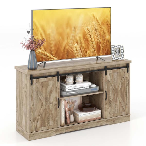 Costway Gray Oak TV Stand Fits TV's Up To 65 in. with Storage Cabinet