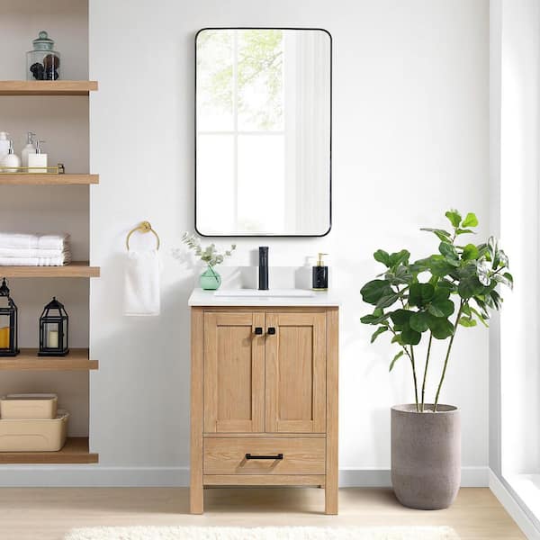 ROSWELL Shannon 24 in. W. x 22 in. D x 34 in. H Single Bath Vanity in Fir Wood Brown with White Composite Stone Top and Mirror