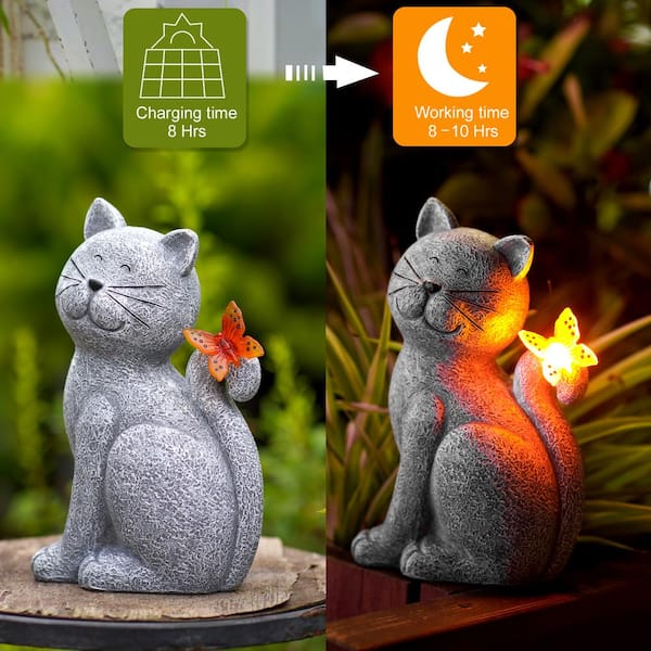 Goodeco Solar Cat with Butterfly for Garden Statues Yard Art
