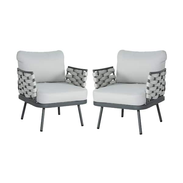 JPJPUU Gray Metal Outdoor Lounge Chair with Gray Cushions (2-Pack