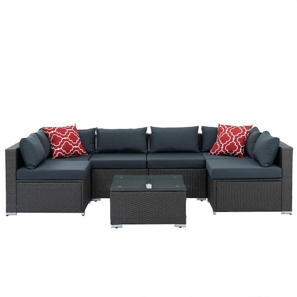 Unbranded 7-Piece Wicker Outdoor Sectional Set, Patio Seasonal PE Furniture Set with Glass Top Coffee Table and Dark Gray Cushions