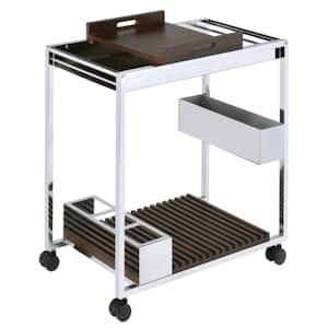 Chrome and Brown Serving Kitchen Cart with Stemware Shelf