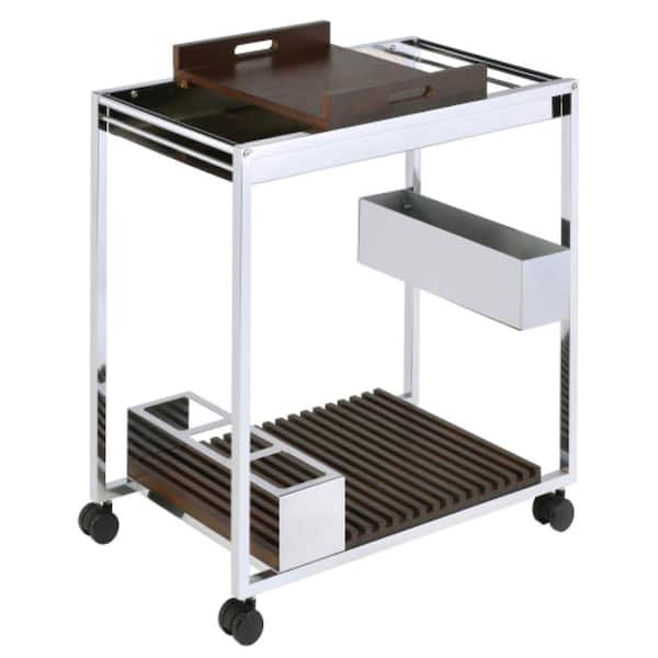 Aoibox Chrome and Brown Serving Kitchen Cart with Stemware Shelf