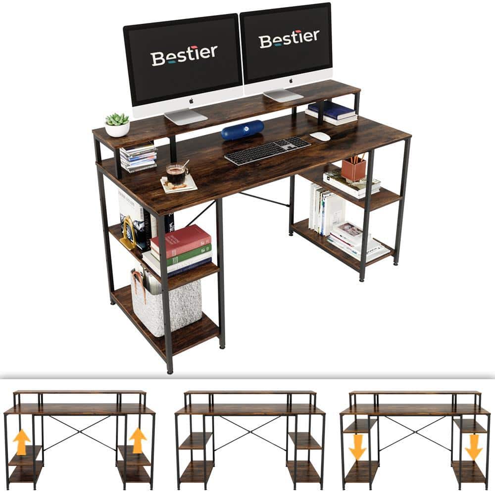 Rustic Brown Wood Gaming Desk with Monitor Shelf