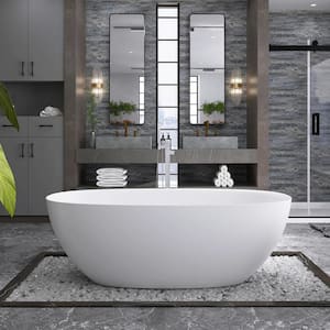 65 in. x 30 in. Stone Resin Freestanding Flatbottom Soaking Bathtub with Right Drain in Matte White