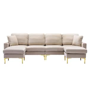 114 in. Straight Arm 4-Piece U-Shape Velvet Modern Upholstered Sectional Sofa Beige with 2-Removable Ottomans