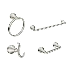 Wellton 4-Piece Bath Hardware Set with 18 in. Towel Bar, Paper Holder, Towel Ring and Robe Hook in Brushed Nickel