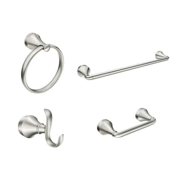 MOEN Wellton 4-Piece Bath Hardware Set with 18 in. Towel Bar, Paper Holder, Towel Ring and Robe Hook in Brushed Nickel