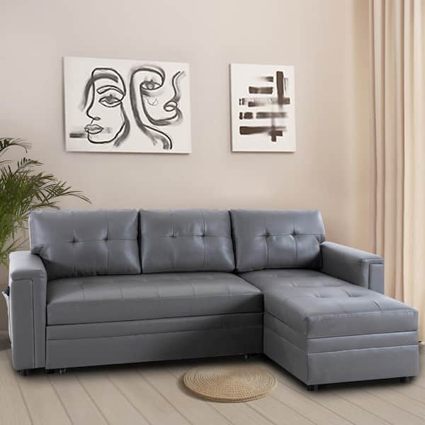 HOMESTOCK 84 in. Reversible Sleeper Air Leather Rolled Arm Sectional Sofa with Storage and USB Ports in. Gray