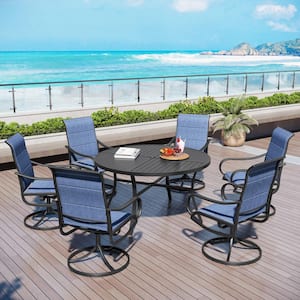 Black 7-Piece Metal Patio Outdoor Dining Sets with Stamped Round Table and Padded Blue Textilene Swivel Chairs