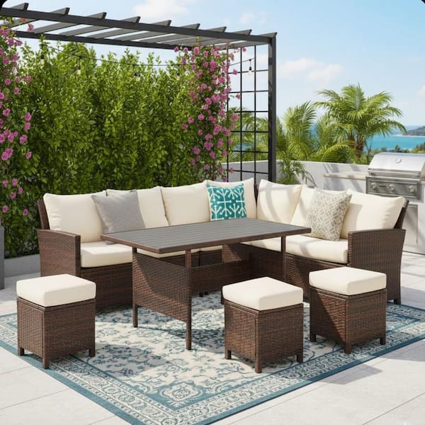 7-Pieces Wicker Outdoor Patio Furniture Set Sectional Set with Beige Cushions