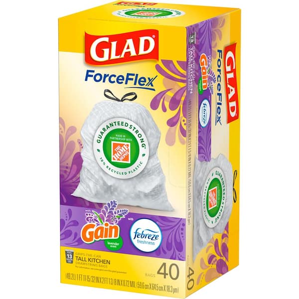 Glad Force Flex 13 Gal. Drawstring Lavender Scent Odor Shield Trash Bags  (40-Count) 1258722440 - The Home Depot