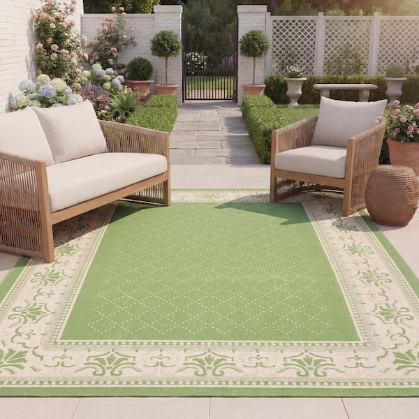 Courtyard Olive/Natural 8 ft. x 11 ft. Border Indoor/Outdoor Patio  Area Rug