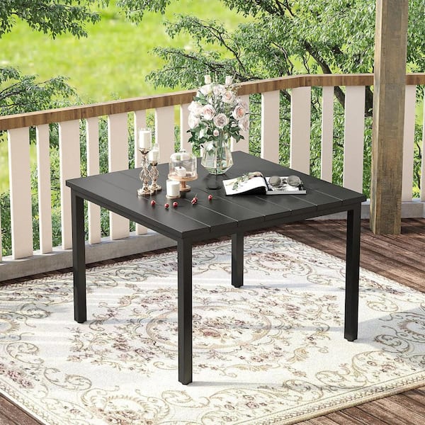 35 Inch Square Outdoor Metal Dining Table - Black Patio Table With Umbrella Hole, Seats 4