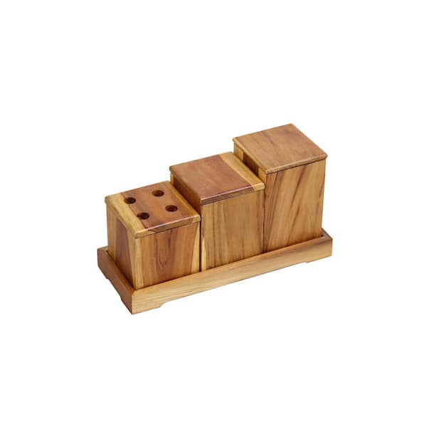 4-Piece Eco Decors Elegant Teak Wood Bathroom Amenities Nesting Set in Earthy Teak Finish