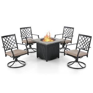 Ter TerrFab 5-Piece 32 in. Square Gas Fire Pit Table Swivel Metal Chairs Patio Fire Pit Set  with Lid, 4 Beige Cushioned