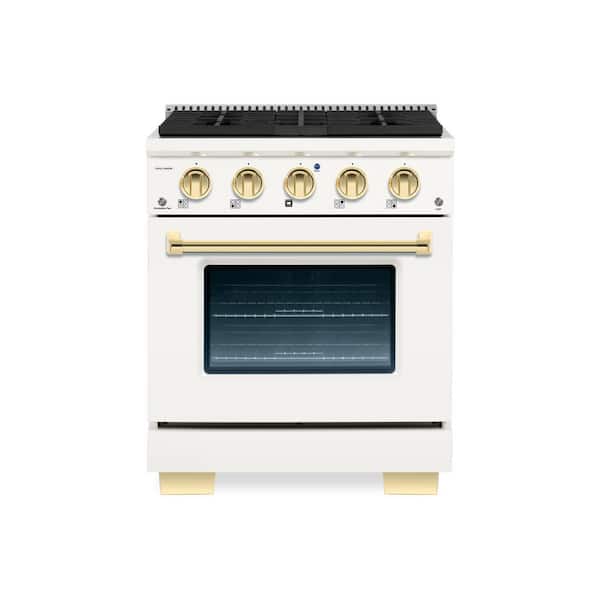 Hallman BOLD 30 in. 4.2 cu. ft. 4 Burner Freestanding Dual Fuel Range with Gas Stove and Electric Oven, White with Brass Trim