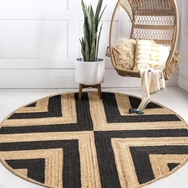 Black Rose Patterned Round Jute Knitted Natural Straw Rug Circle Carpet-Circular Jute Rug, Round Jute Rug,Knitted Rug,Straw Rug,Wicker shops Jute,