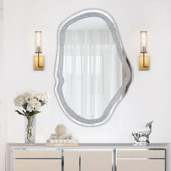 31.9 in. W x 47.4 in. H Silver Glam Irregular Oval Wall Mirror with Faux Diamond and Wood Frame for Entryway, Hallway