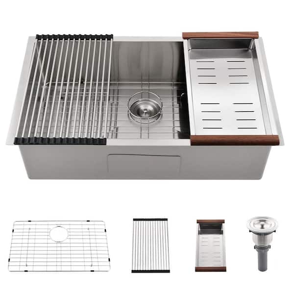 27 in. Undermount Single Bowl 18-Gauge Stainless Steel Kitchen Sink with 9 in. Deep Basin and Colander