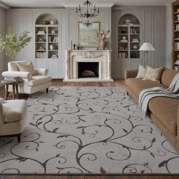 8 ft. x 10 ft. Gray Vine Lines Washable Microfleece Vine Area Rug