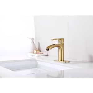 Mondawell Open Waterfall Single Handle Single Hole Low Arc Bathroom Faucet with Deckplate in Brushed Gold