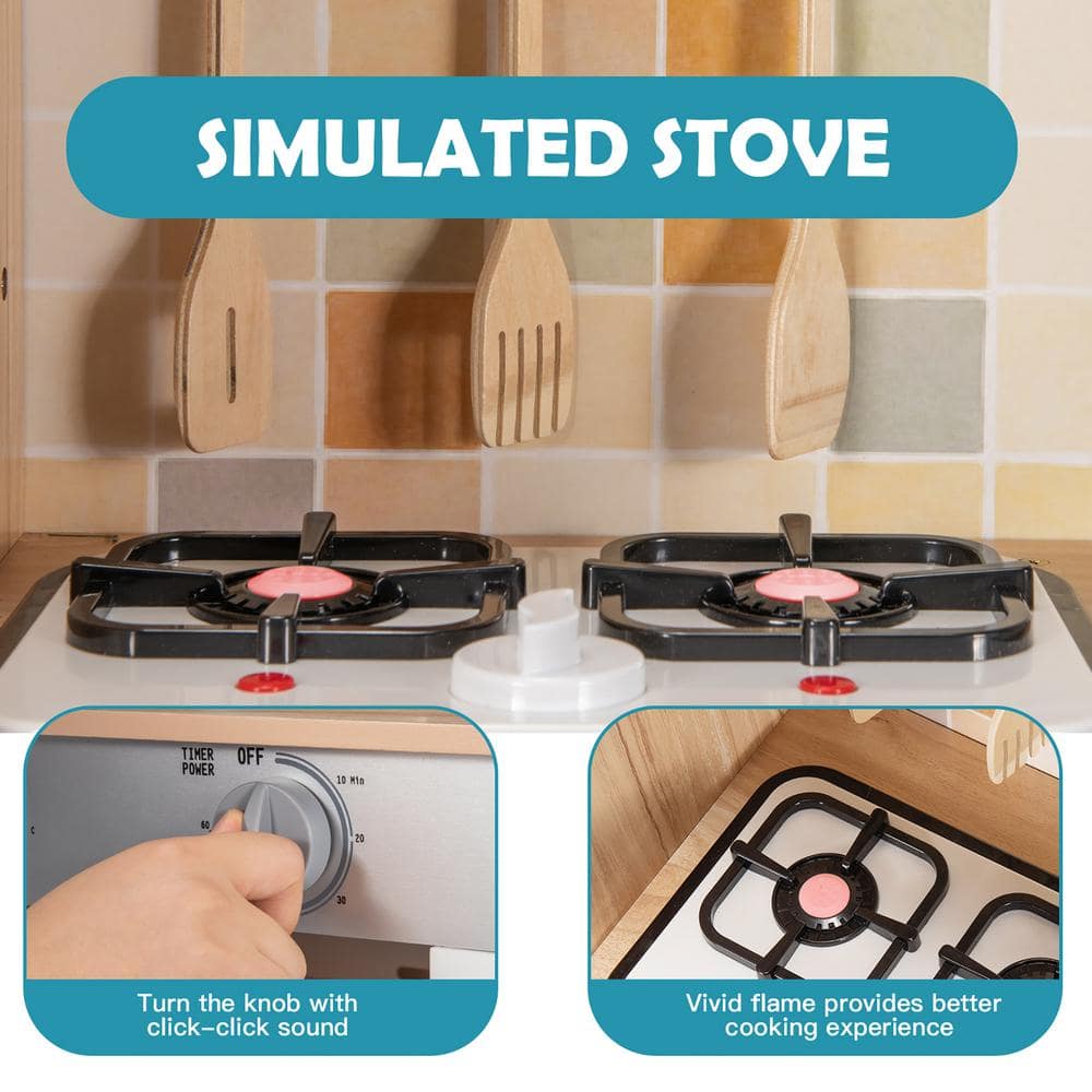 White and Natural Wooden Kids Pretend Kitchen Playset with Utensils and Sound