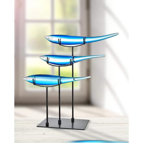 Dale Tiffany 19 in. 3 Blue Fish Handcrafted Irregular Art Glass Figurine