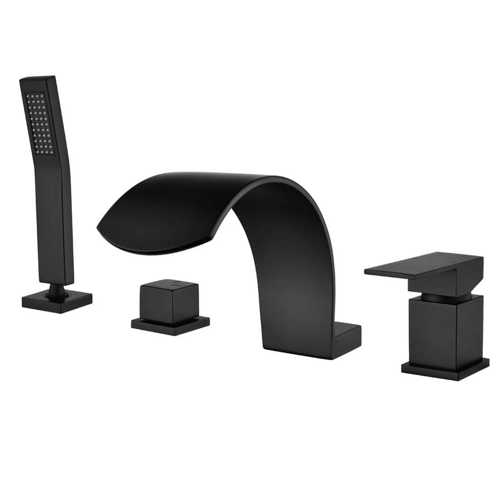 Single-Handle Deck-Mount Roman Tub Faucet with Waterfall and Hand Shower in