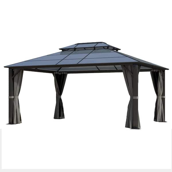 12 ft. x 16 ft. Polycarbonate Hardtop Gazebo with Double Roof-Heavy-Duty Steel Frame Gazebo with Netting & Curtain