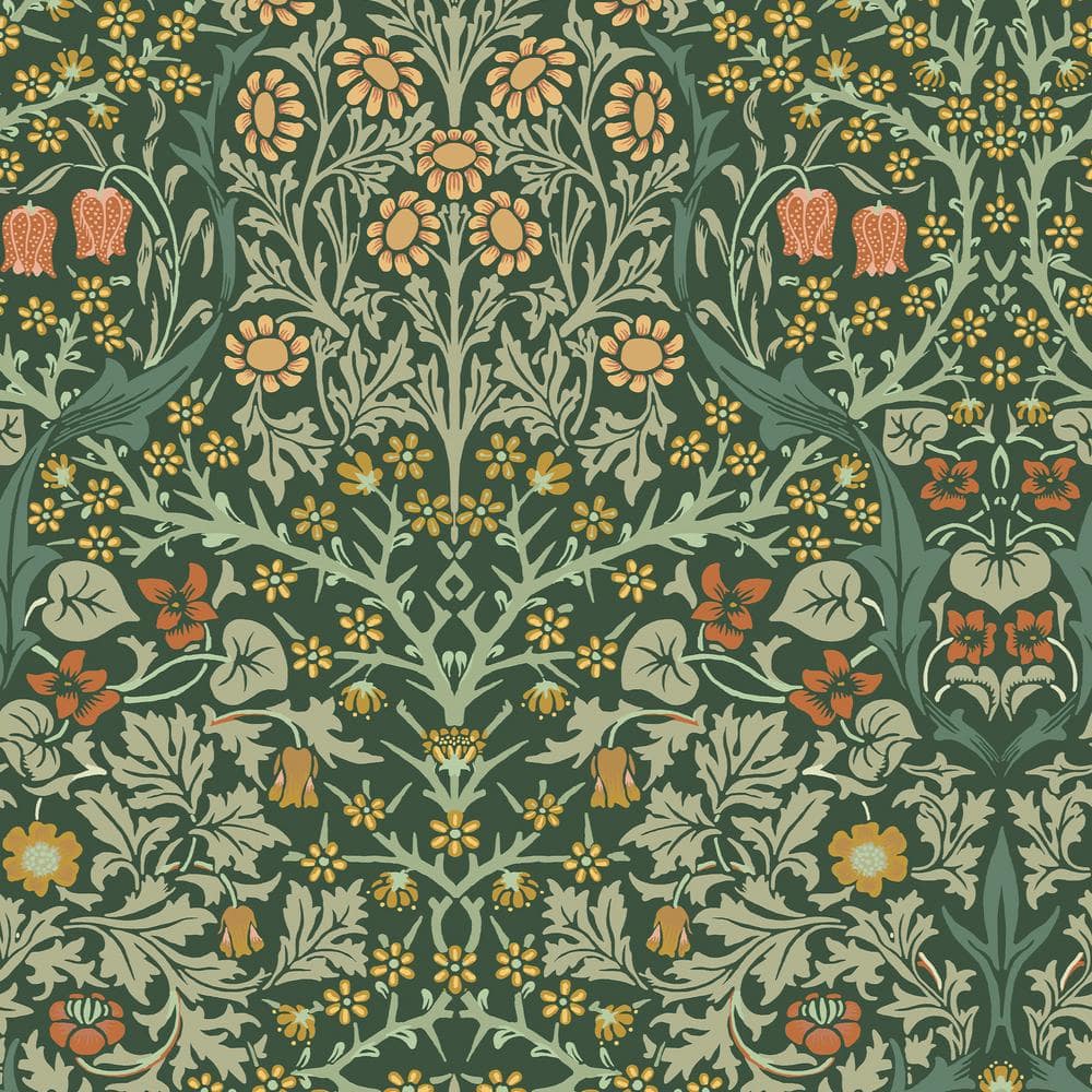 William Morris Deep Green Floral Vinyl Wallpaper Double Roll
