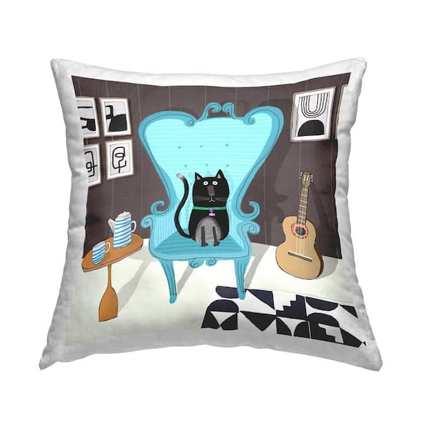 Stupell Industries Cat in Living Space Blue Print Polyester 18 in. x 18 in. Throw Pillow