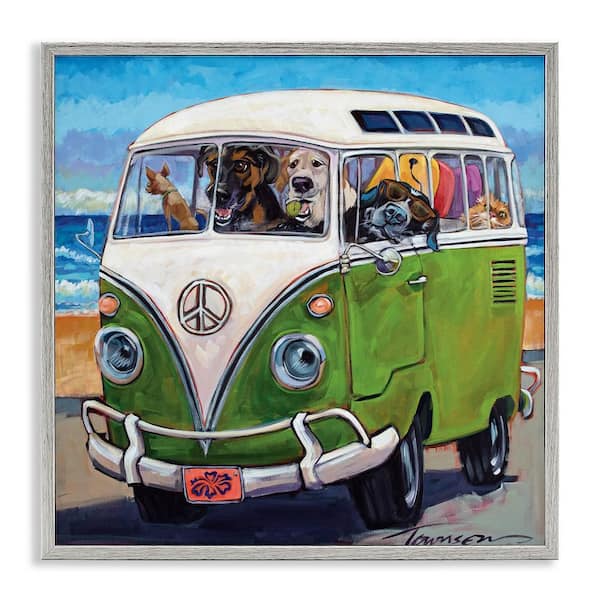 Stupell Industries Dogs Driving Retro Van by CR Townsend 1-Piece Gray Framed Animal Giclee Art Print 12 in. x 12 in.