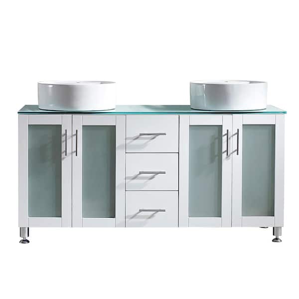 ROSWELL Tuscany 60 in. W x 22 in. D x 30 in. H Vanity in White with Glass Vanity Top in Aqua Green with White Basin